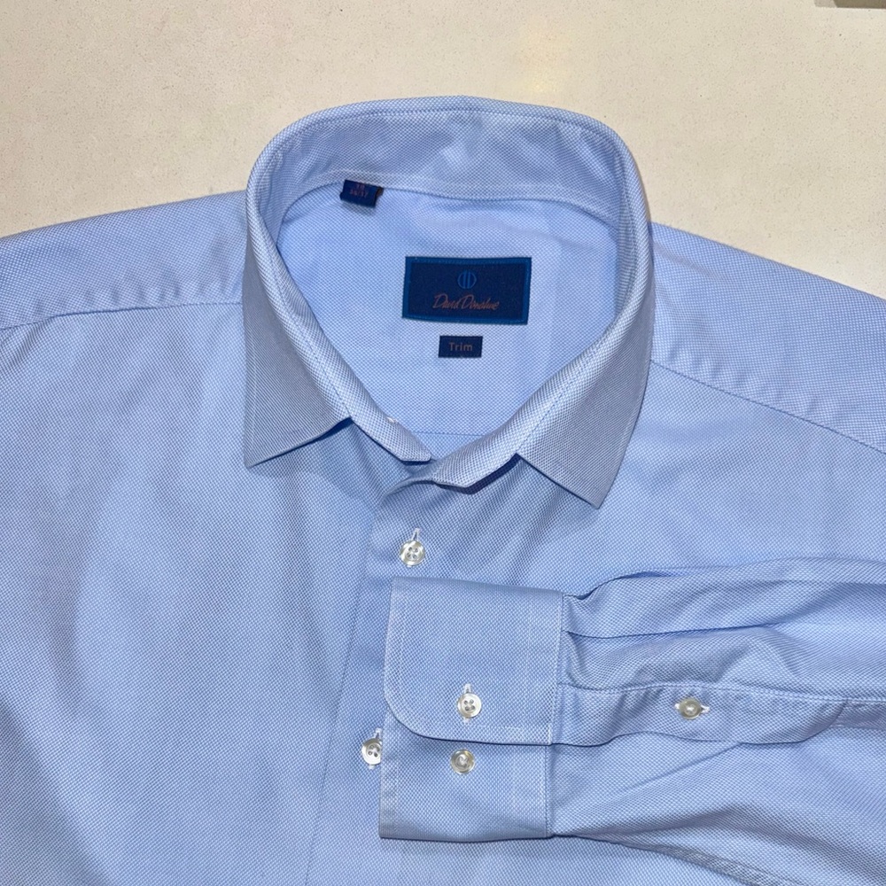 18 36-37 David Donahue Blue Dress Shirt Excellent Extra Buttons No Stains